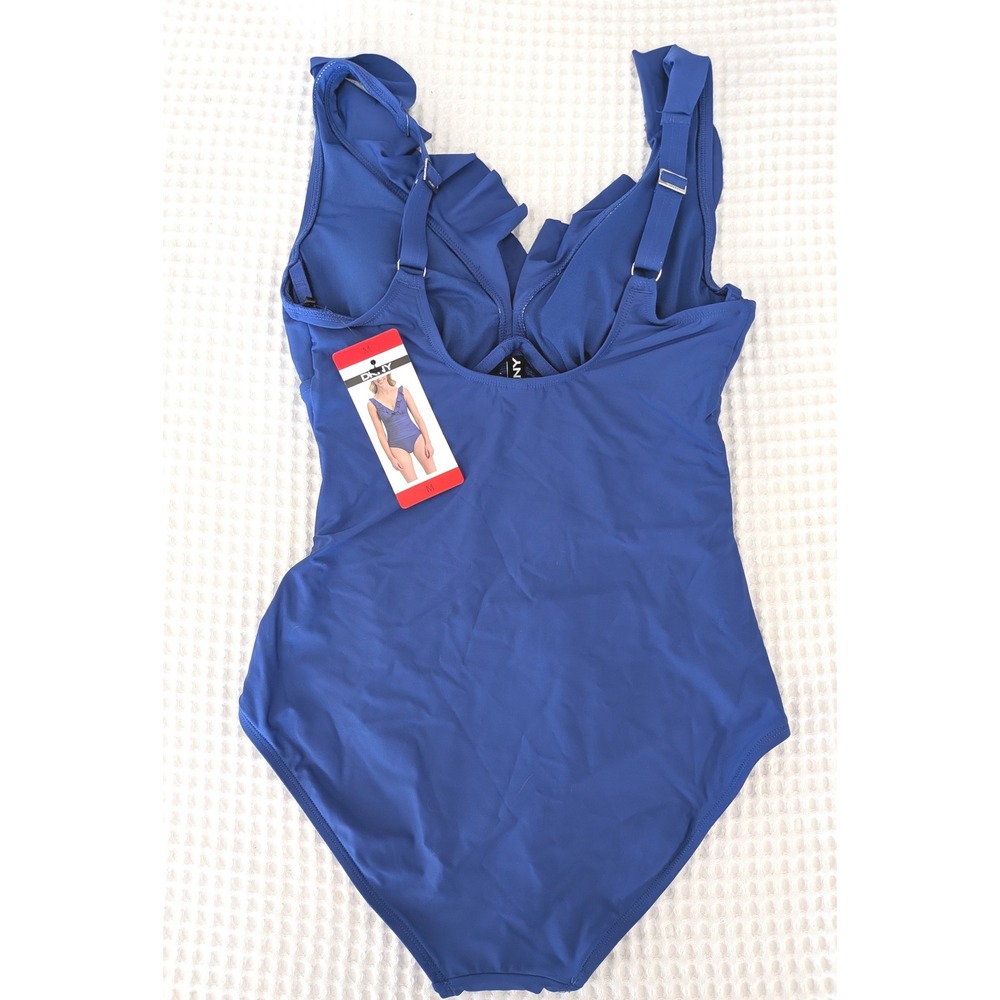 DKNY One Piece Swimsuit Medium Blue Ruffle Ruched Underwire NWT Adjustable - Picture 2 of 6